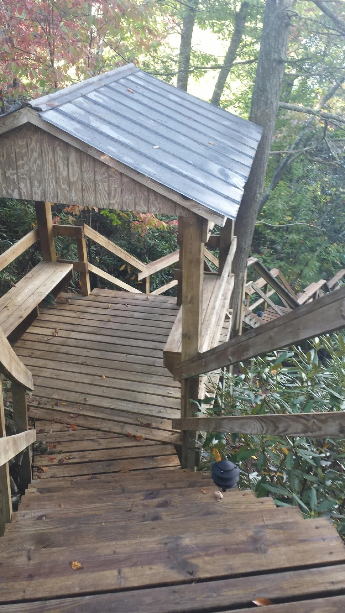Metal roofed shelter over wooden steps on a wooded walkway — Skylight Repair & Installation work by our crew in Vale